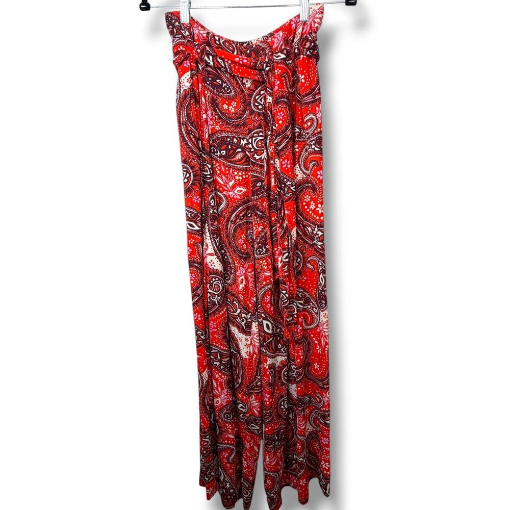 Free People Double Trouble Tiger Lily Combo Red Paisley Boho Tie Wide Leg Pants - Picture 6 of 9